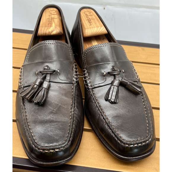 NEW! SANTONI Brown Leather Handsewn Moc Toe Tassel Loafers US 8.5 Made in Italy - Picture 4 of 13
